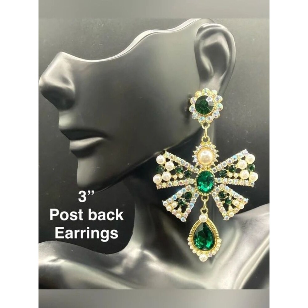 E9. Gold-Tone Emerald Green Crystal Bow Drop Earrings